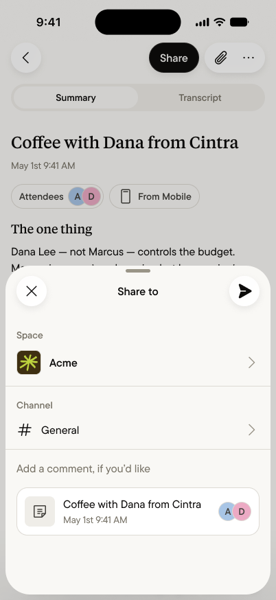 The share flow, choosing a space and channel for a capture
