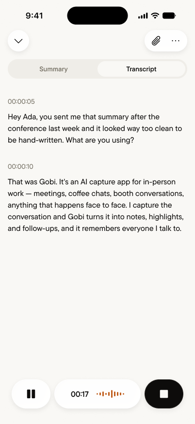 A capture in progress, transcript appearing live