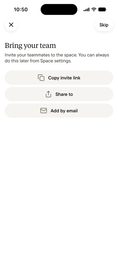 The Bring your team step, with Copy invite link, Share to, and Add by email