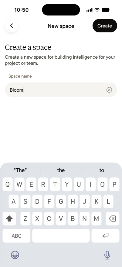 The New space screen, with the space name Bloom typed in