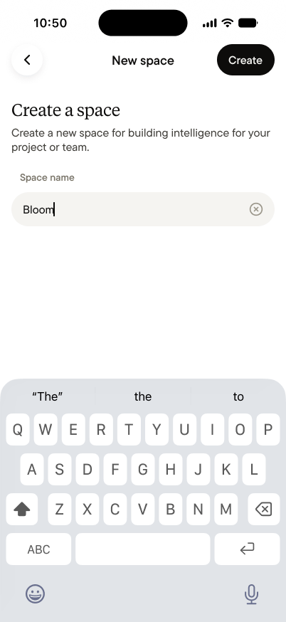 The New space screen, with the space name Bloom typed in