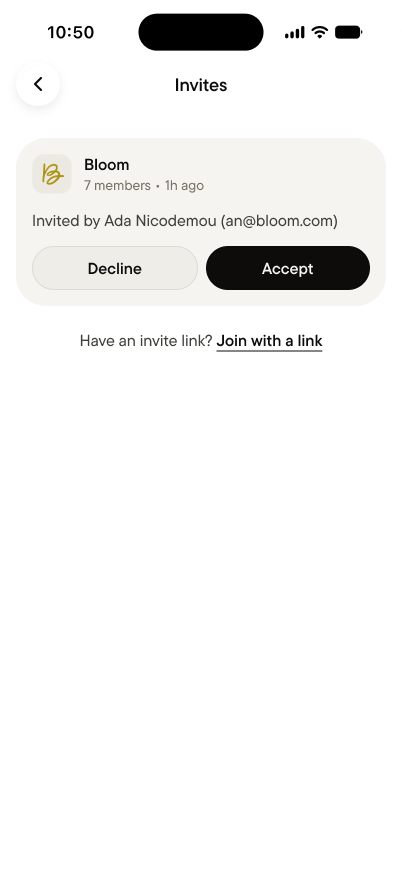 The Invites screen, with a pending invite to Bloom and Decline and Accept buttons