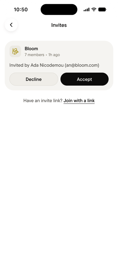The Invites screen, with a pending invite to Bloom and Decline and Accept buttons