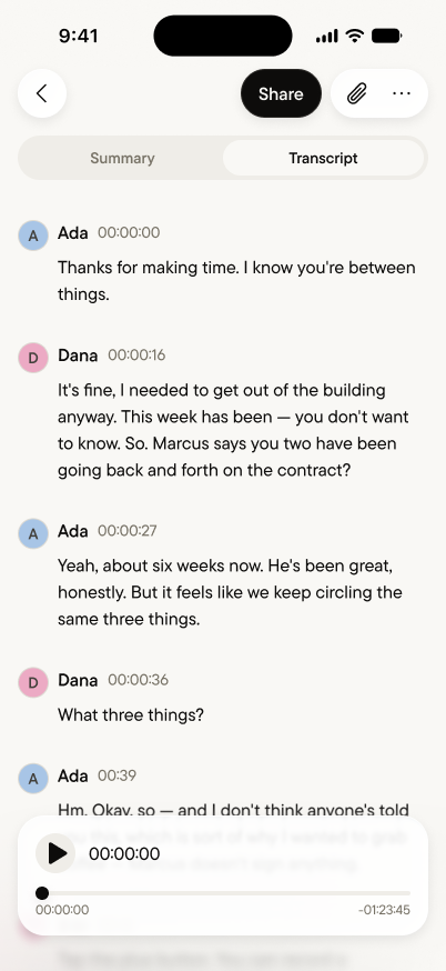 The Transcript tab: speaker turns, timestamps, and playback