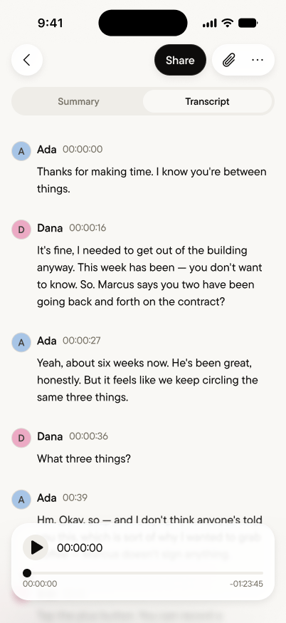 The Transcript tab: speaker turns, timestamps, and playback