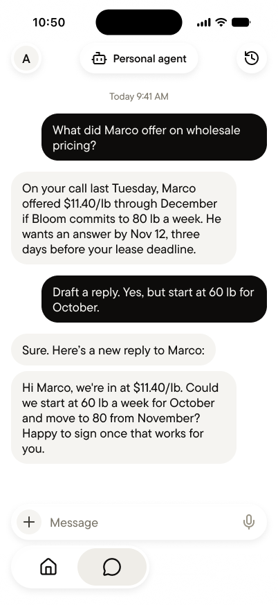 Chat with the personal agent, answering a question about a pricing offer and drafting a reply
