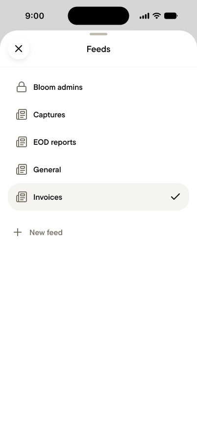 The Feeds sheet in a team space, listing its feeds with a New feed button