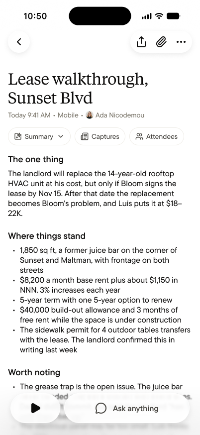 A finished note open on its Summary, with Ask anything at the bottom