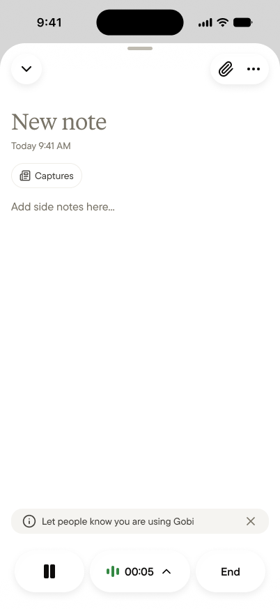 A voice note in progress, with a field for side notes and pause and End buttons
