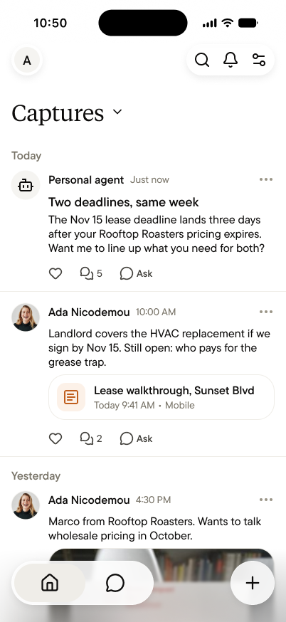 The Captures feed in a Personal space, with a note from a lease walkthrough and a post from the personal agent