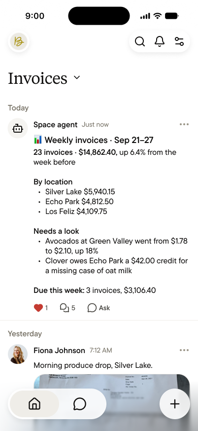 An Invoices feed in a team space, with the space agent's weekly invoice report at the top