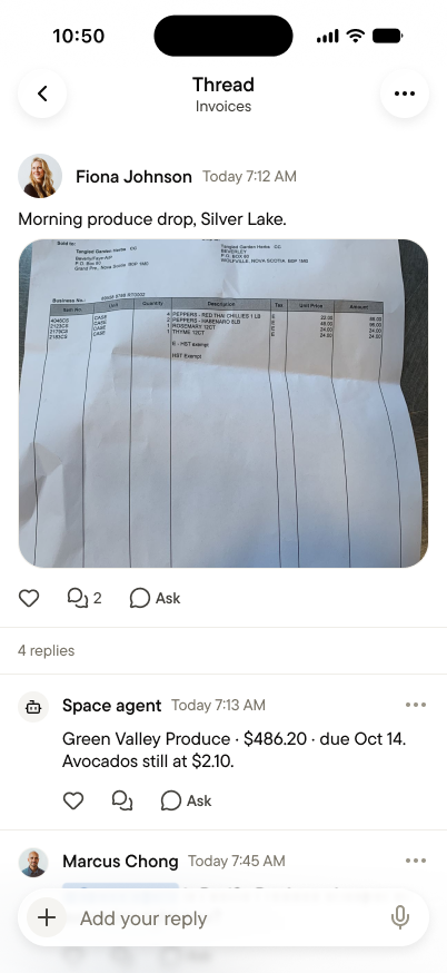 Replies under a produce invoice, with a member asking the space agent a question and the agent answering