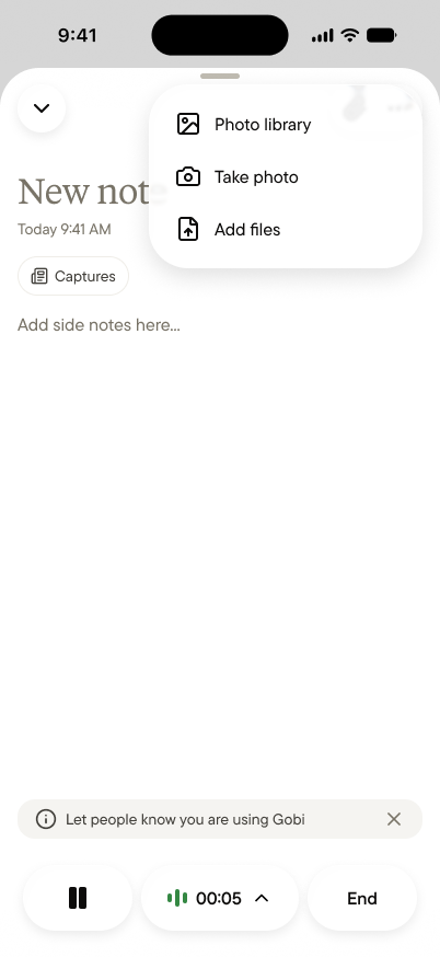 The attach menu open during a voice note, with Photo library, Camera, and Files
