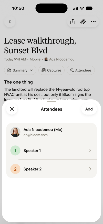 The Attendees sheet on a note, listing three people and an Add attendee button
