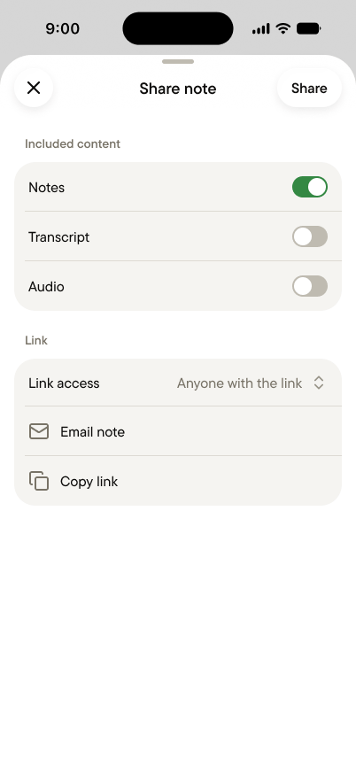 The Share sheet, with Transcript and Audio toggles and a Copy link button