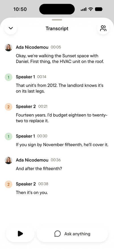 A note on its transcript view, with speaker turns, timestamps, and playback