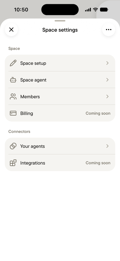 Space settings, with Space setup, Space agent, Members, and Billing under Space, and Your agents and Integrations under Connectors