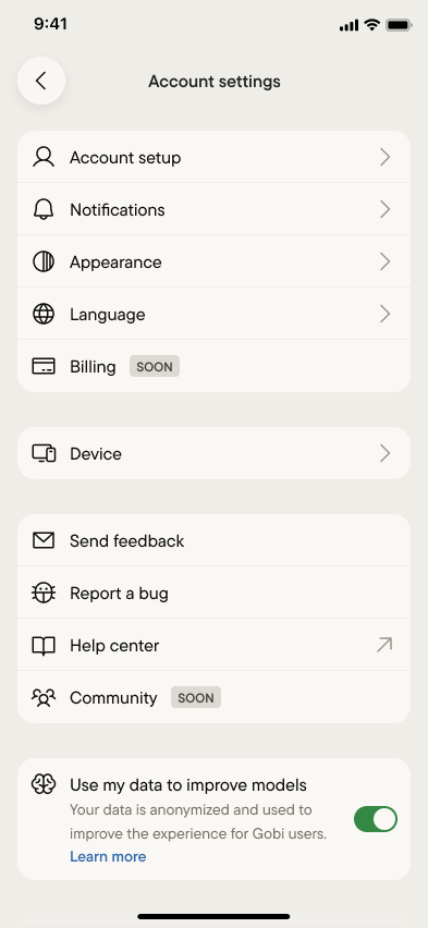 The account settings screen