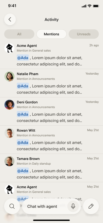Activity, filtered to mentions