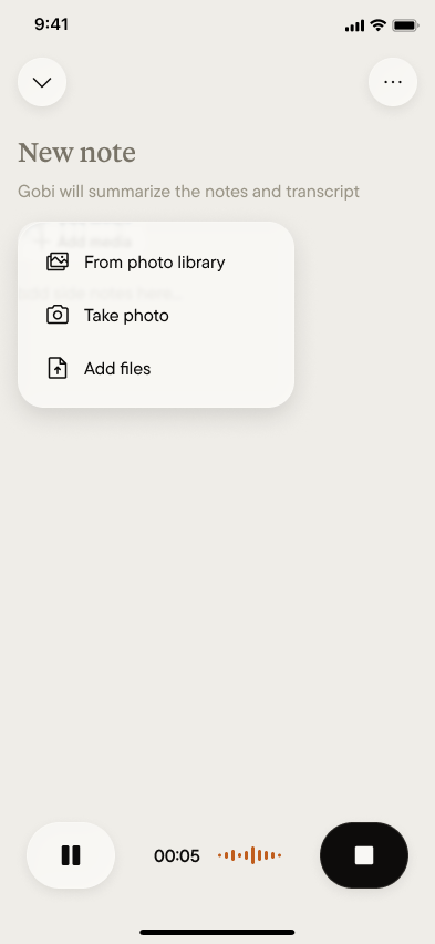 The add media menu open over a recording note