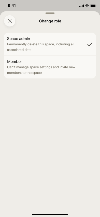 The change role sheet, with Space admin and Member