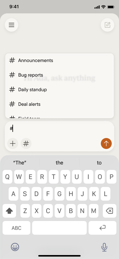 The channel picker open in the chat composer