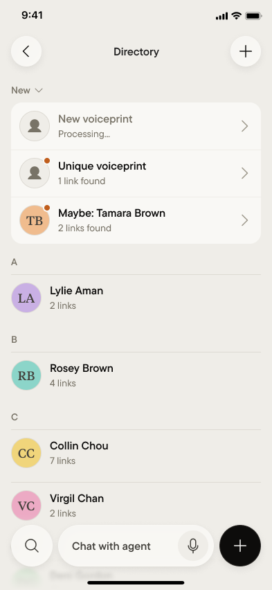 The directory showing new voiceprints above the named people