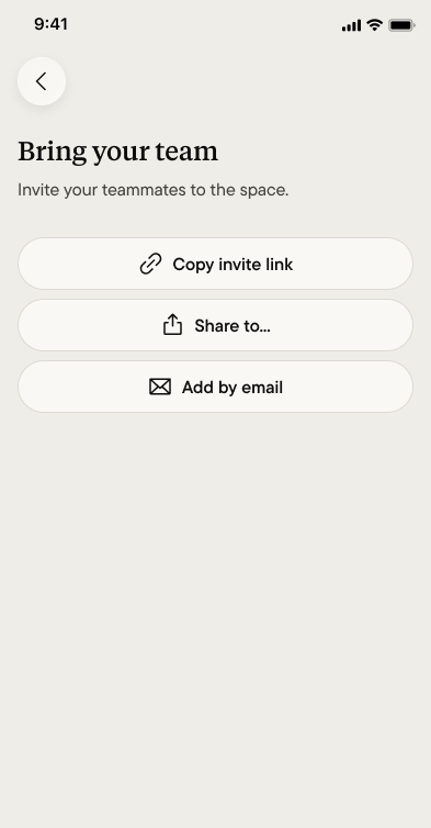Copy invite link, share to, and add by email
