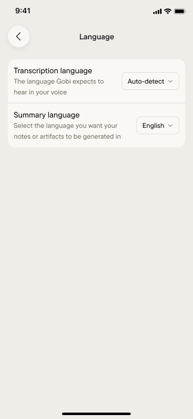 Transcription language and summary language, set separately