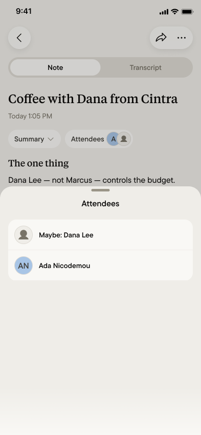 An attendee list showing Maybe: Dana Lee above a named person
