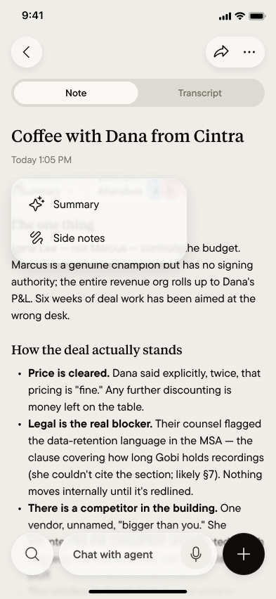 The dropdown offering Summary and Side notes
