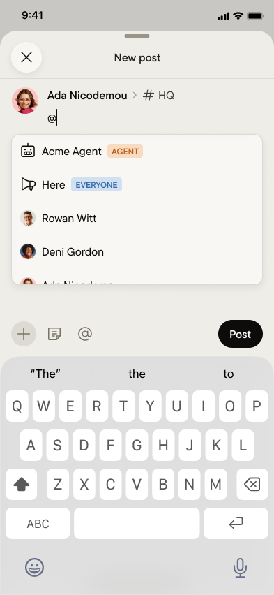 The mention menu listing the agent, Here, and people