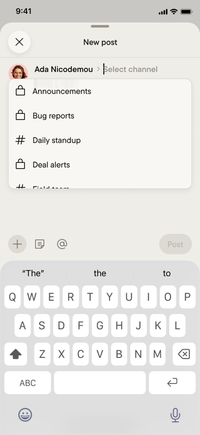 The channel picker in the post composer