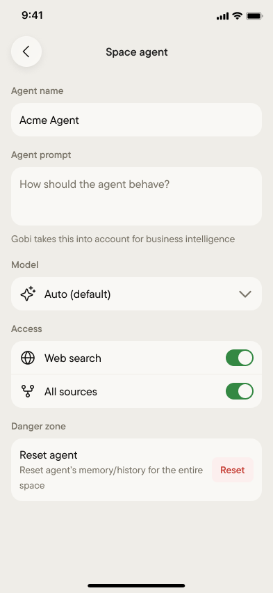 Space agent settings