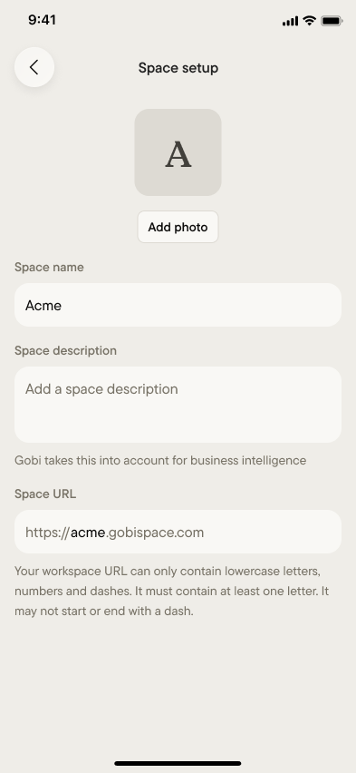Space setup with name, description, and URL