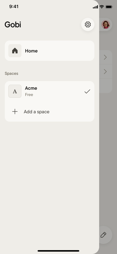The left panel listing Home above your spaces