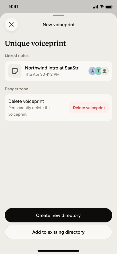 Voiceprint detail with linked notes and the assign buttons