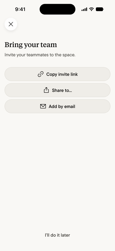 The Bring your team step, with options to copy an invite link, share it, or add by email
