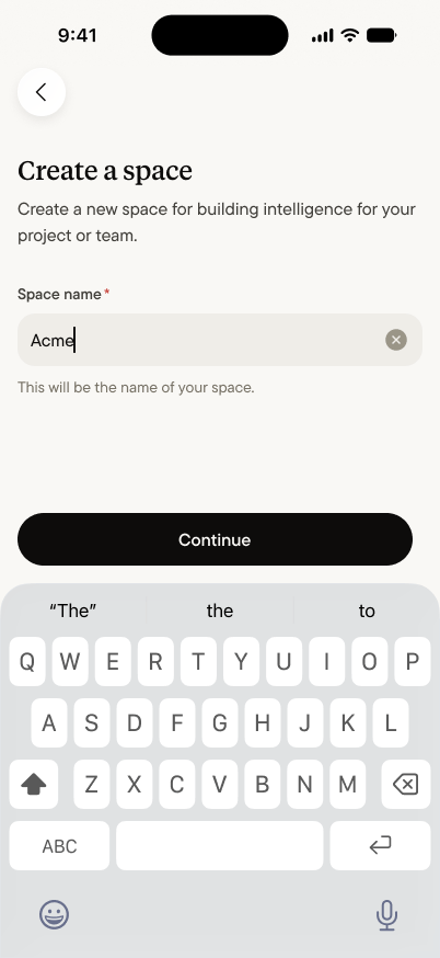 The create space screen, with the space name typed in