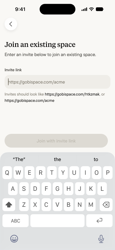 The Join an existing space screen, with a field for entering an invite link