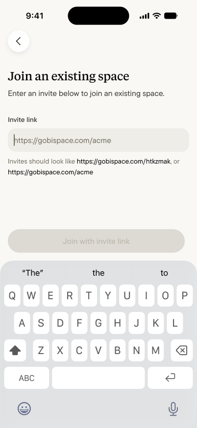 The Join an existing space screen, with a field for entering an invite link