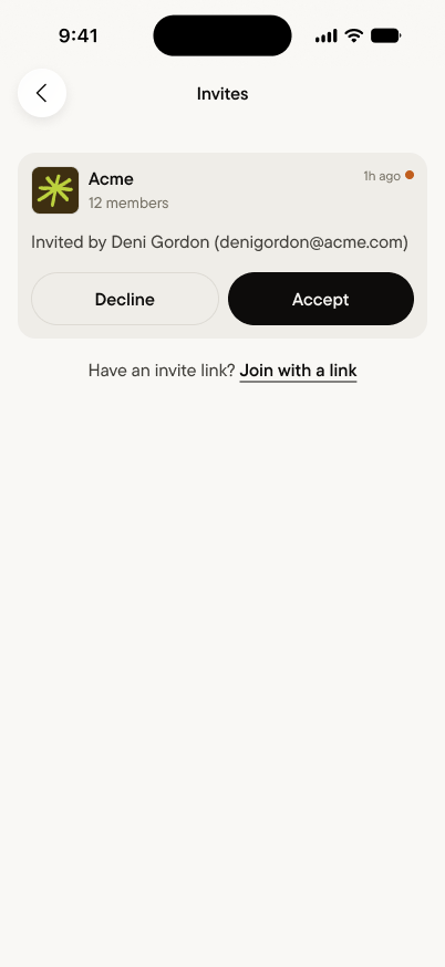The Invites screen, showing a pending space invitation with Accept and Decline