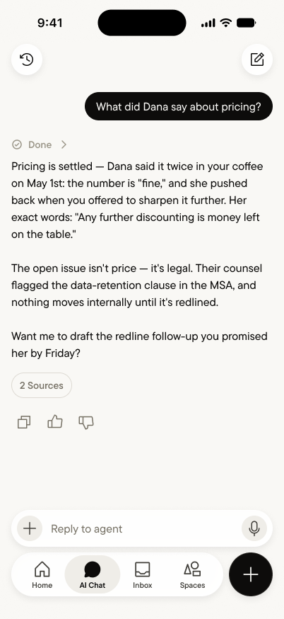 The personal agent answering from captured conversations