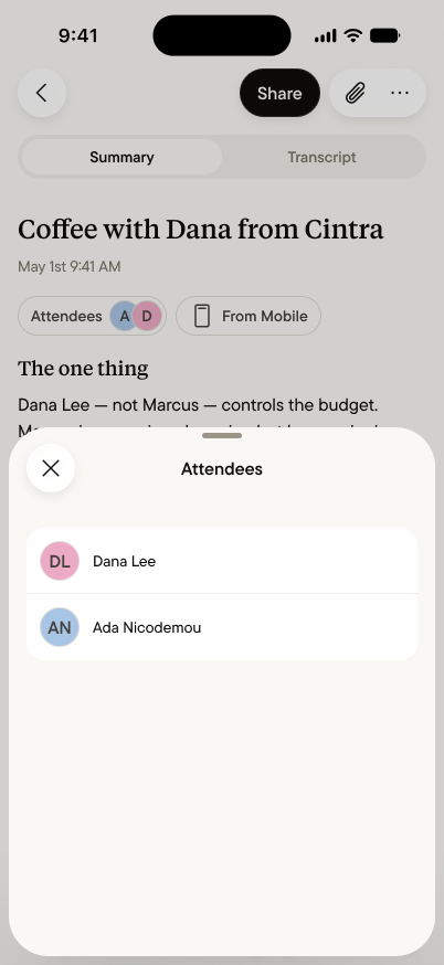 Attendee chips on a Summary