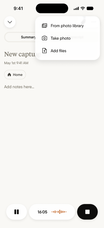 The attach menu open during a capture, with options for photo library, camera, and files
