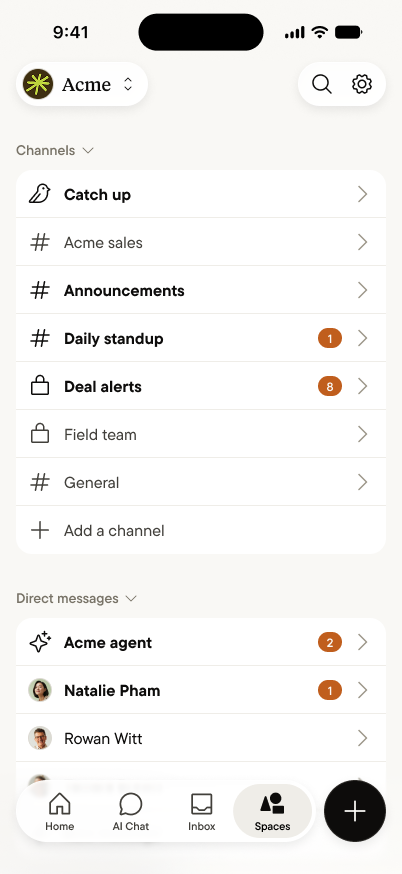 A space's channel list, with regular and private channels, and direct messages below