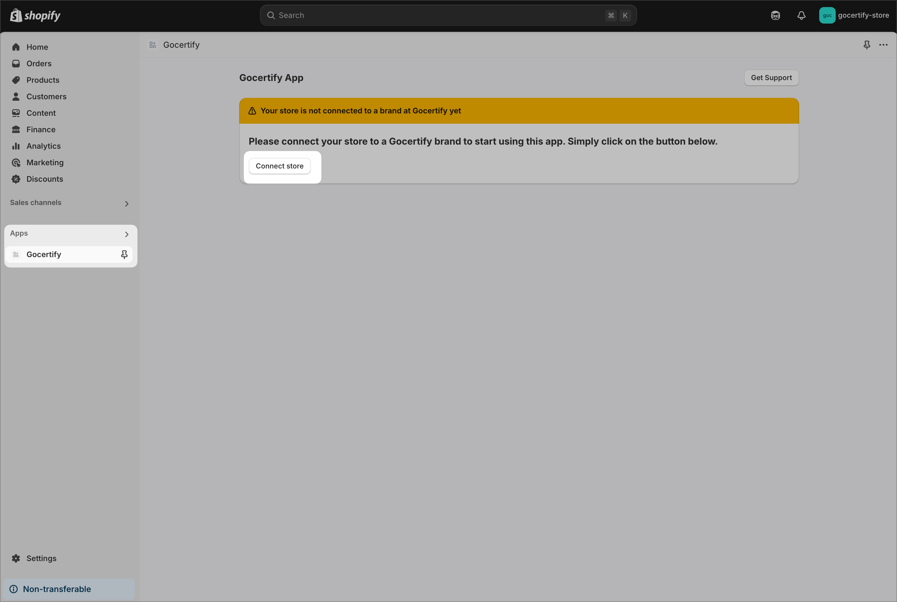 Shopify connect screen