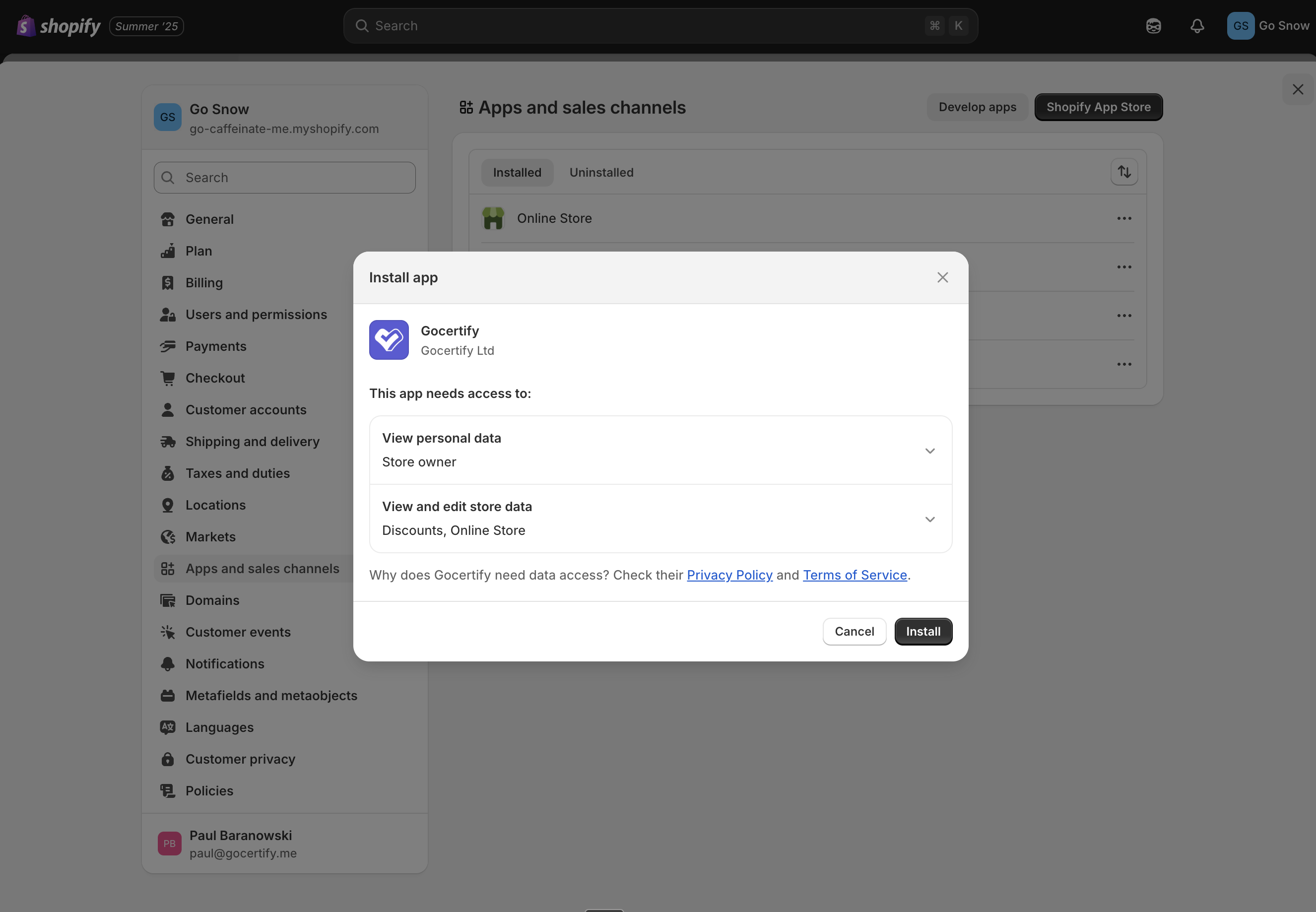 Shopify install screen