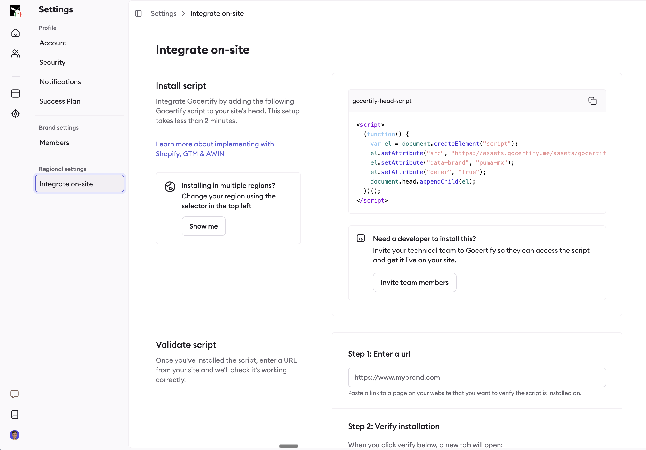 Integrate on-site settings page