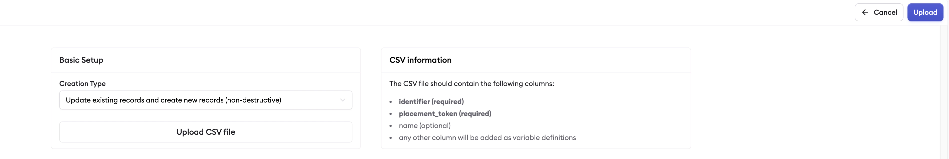 CSV upload form showing required columns